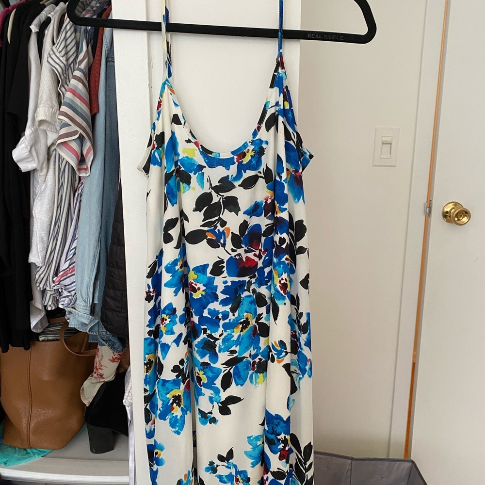 flowy white and blue silky floral dress